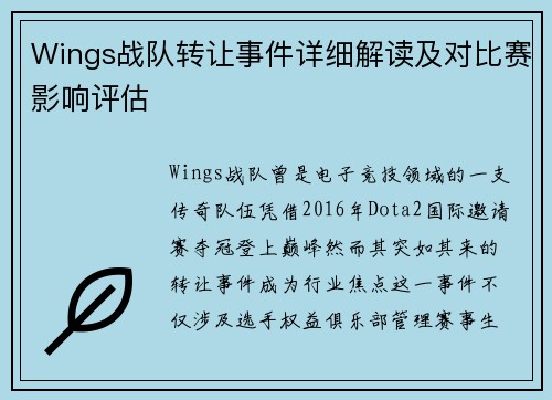 Wings战队转让事件详细解读及对比赛影响评估
