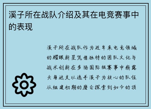 溪子所在战队介绍及其在电竞赛事中的表现